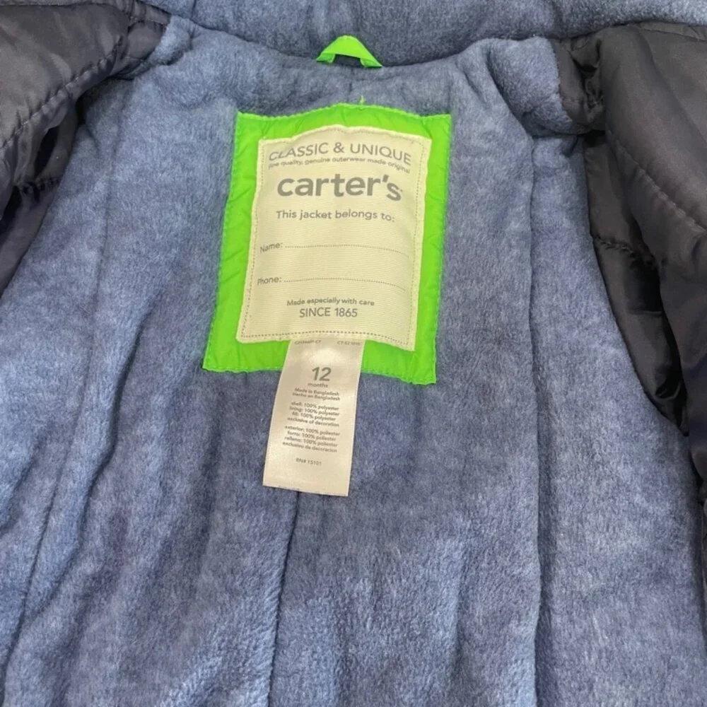 CARTERS HOODED PUFFER JACKET SZ 12 MONTHS BABY GREEN/NAVY BLUE COZY‎ WINTER CORE